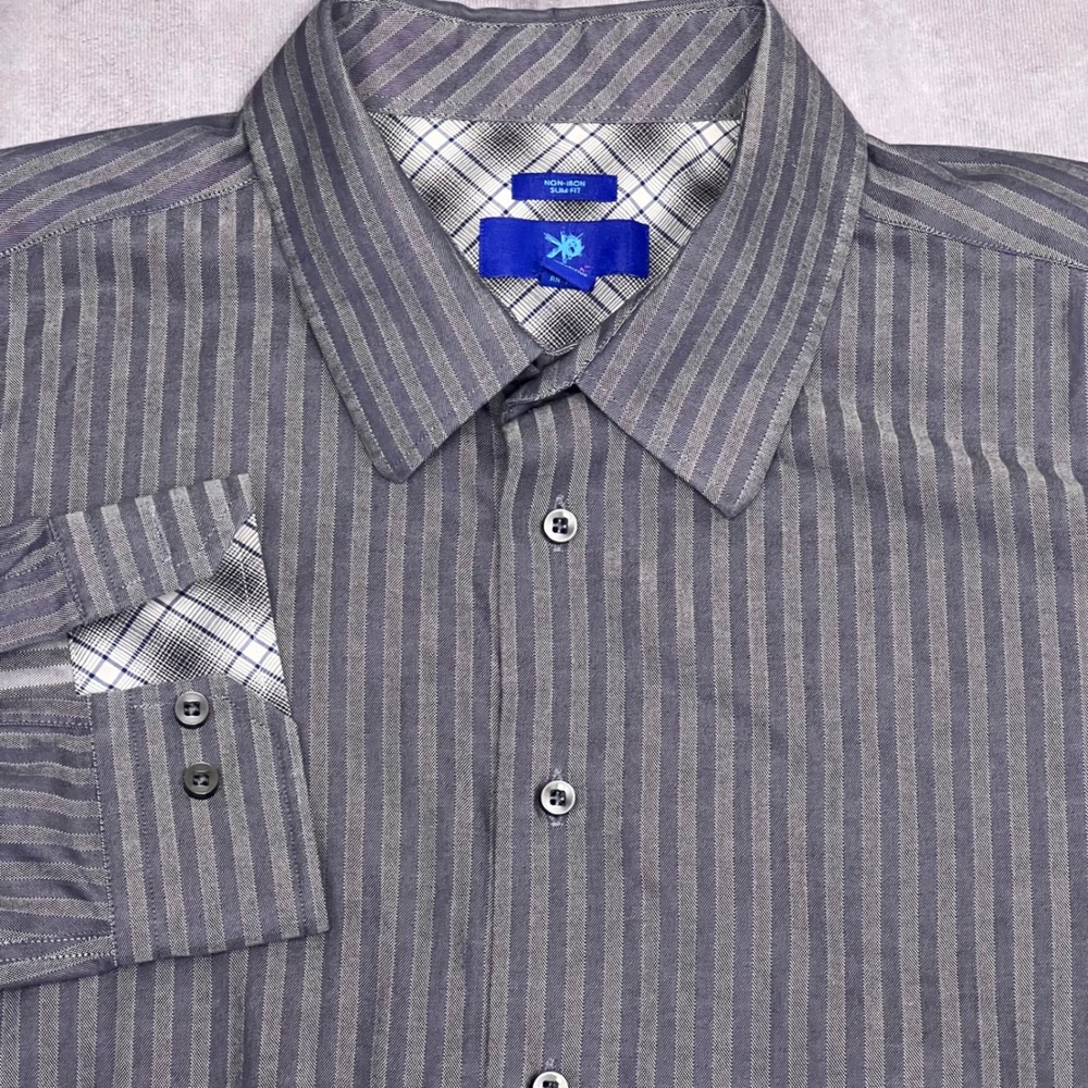 Egara Button Down Shirt Mens XXL Grey Striped Slim Fit Non-Iron Long‎ Sleeve